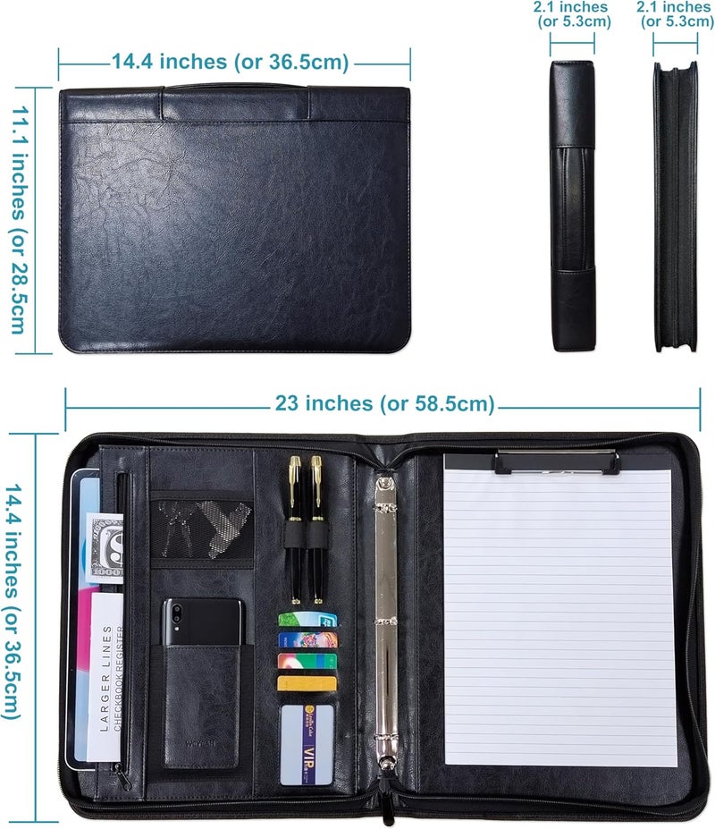WEYEAH Faux Leather 3 Ring Portfolio Binder With Handle, Business Padfolio for Men & Women, Zippered Document Organizer for Home & Office Use, Including Clipboard, Notepad and Sheet Protectors (Black) - Image 2